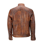 Cafe Racer Men Vintage Biker Distressed Brown Quilted Leather Jacket
